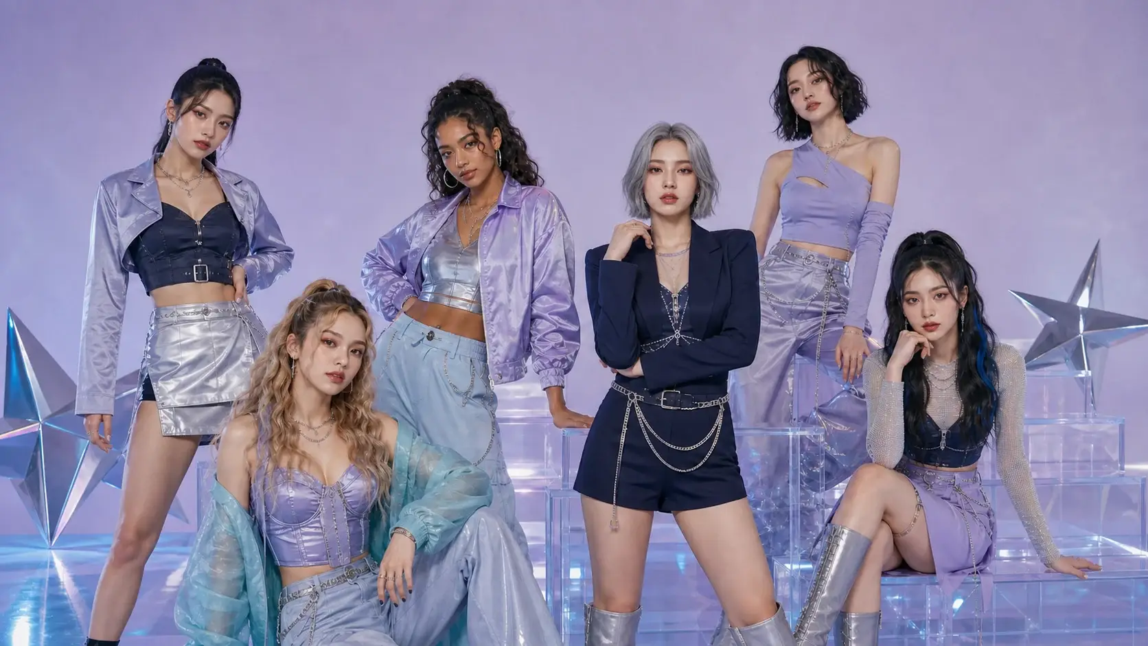 Original girl-group photo with one member's hairstyle being edited