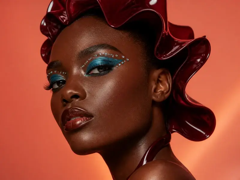 Beauty portrait with teal eye makeup and a sculptural burgundy headpiece