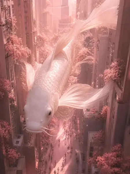Giant translucent koi swimming above a pink tree-lined city street