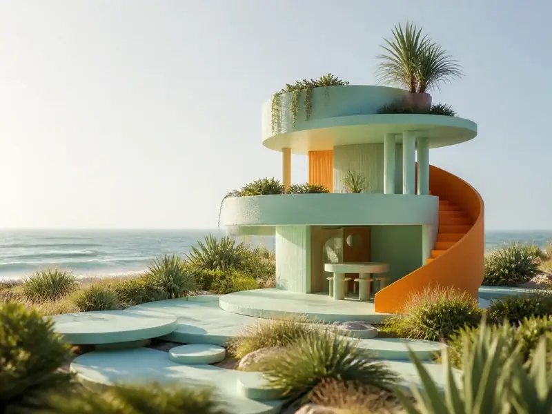 Mint-green circular beach house with an orange spiral staircase