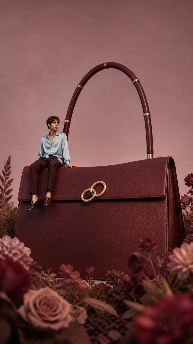 Fashion poster with a giant burgundy leather bag and a miniature male model