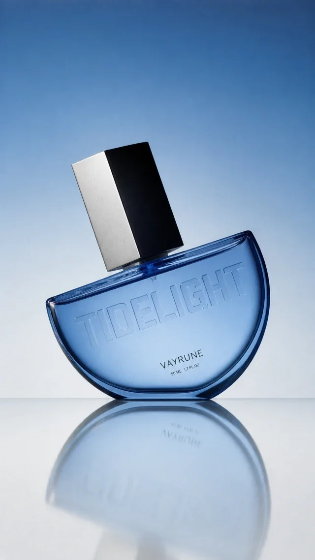 Before-and-after professional retouch of a VAYRUNE TIDELIGHT blue fragrance bottle
