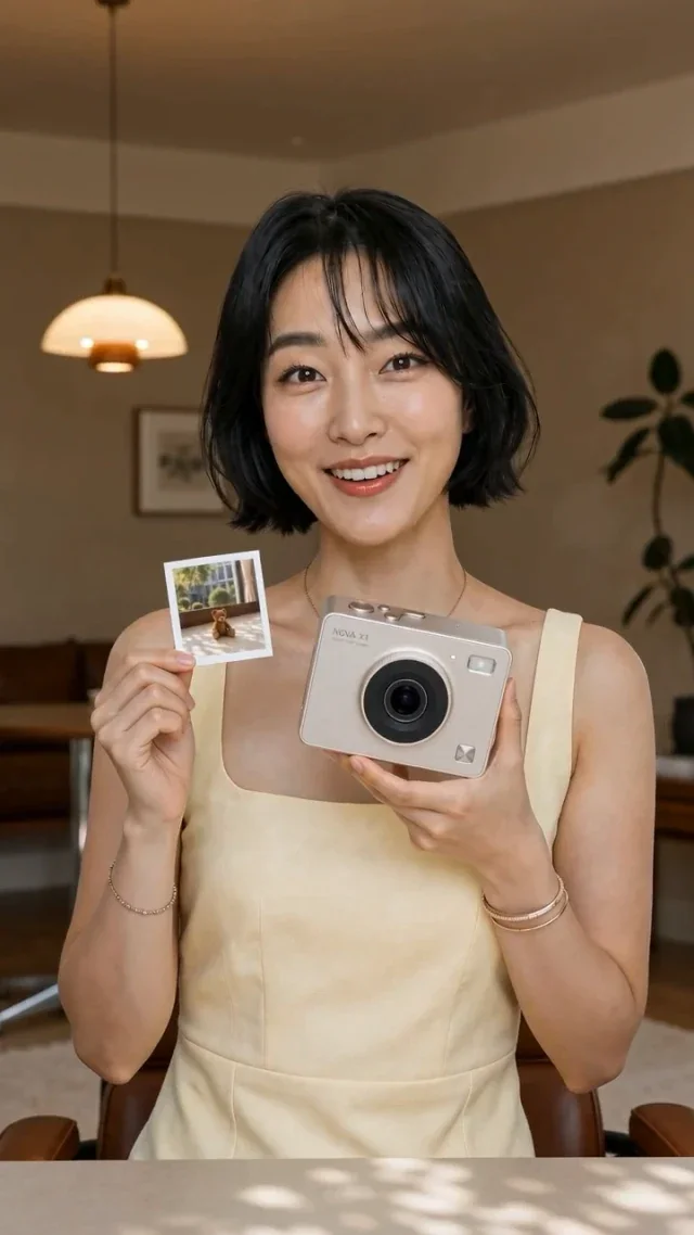Woman holding an instant camera and prints in a replicated video scene