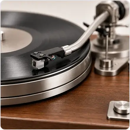Close-up of a wooden turntable tonearm