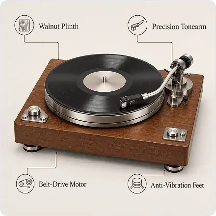 Wooden turntable product features diagram